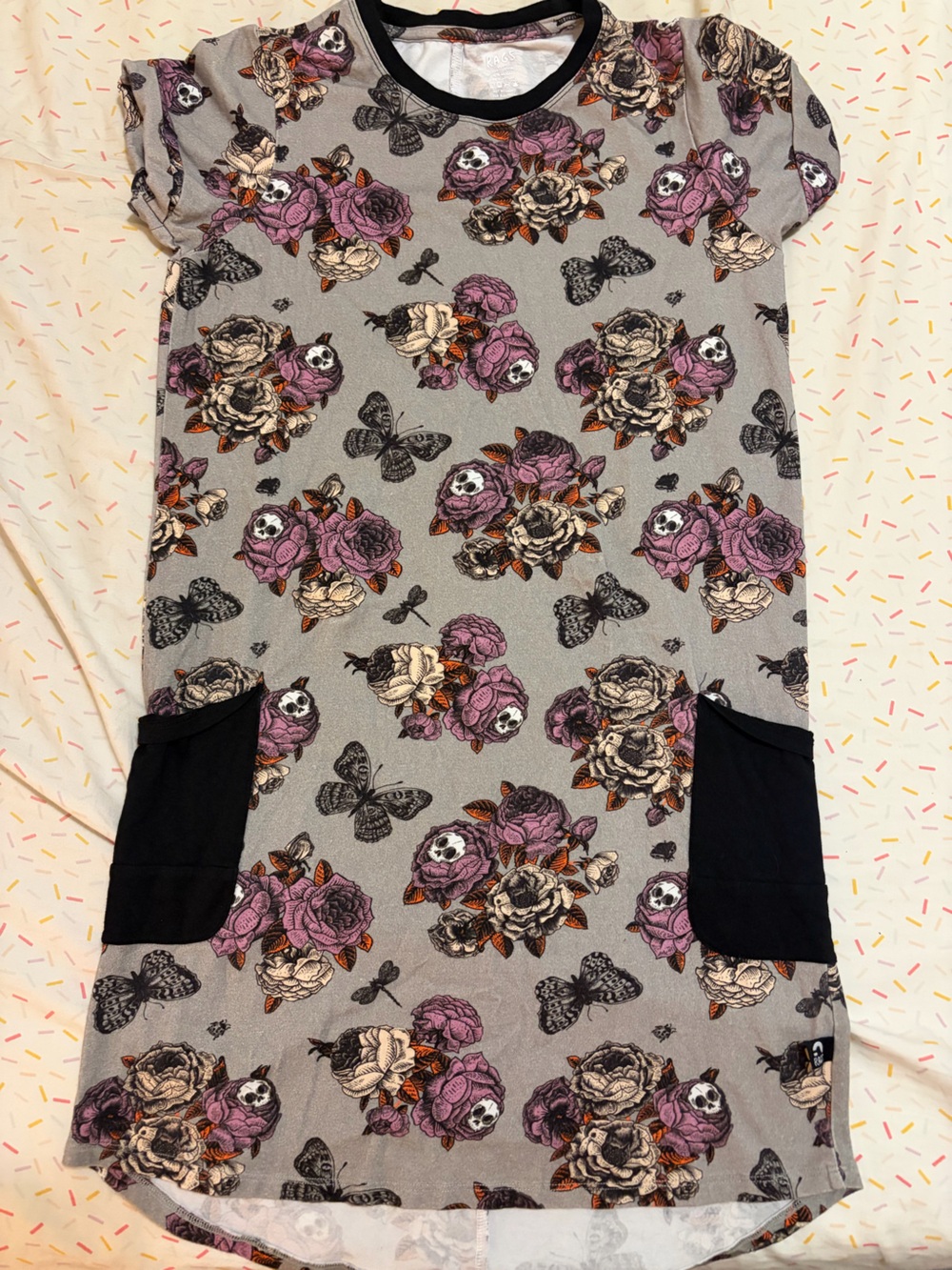 Rags to Raches Gray Dress with Purple and Cream Floral Skull Print